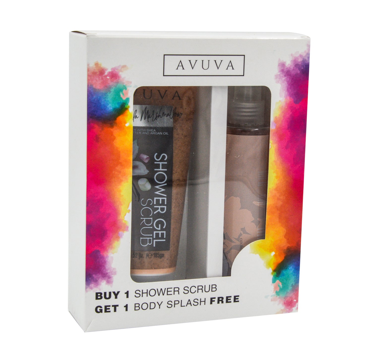 Avuva Shower Gel Scrub Vanilla Marshmallow Scent with Shea Butter & Argan Oil (185g) with Free Vanilla Coconut Body Splash (253ml) - cruelty free