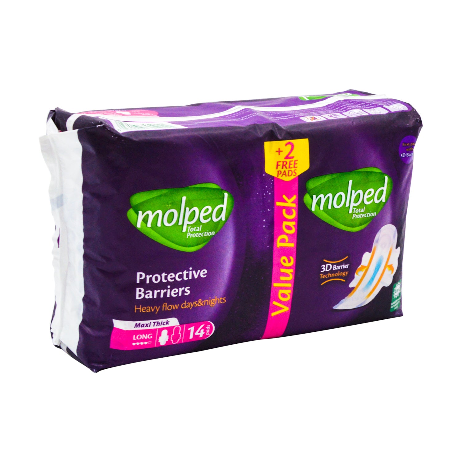 Molped Total Protection Day & Night Heavy Flow Maxi Thick Long Pads with 3D Protective Barriers & Wings (12+2 Free)
