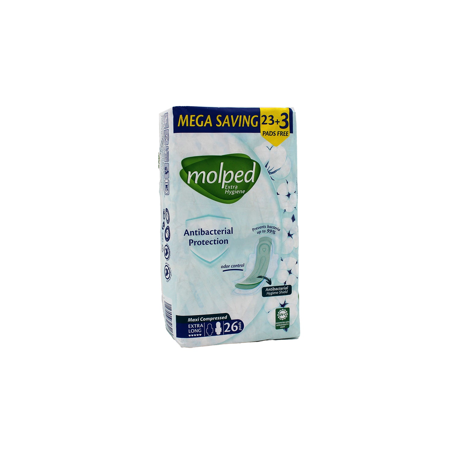Molped Antibacterial Maxi Thick Extra Long Pads with Wings (24+2 Free) - chlorine free, parabens free