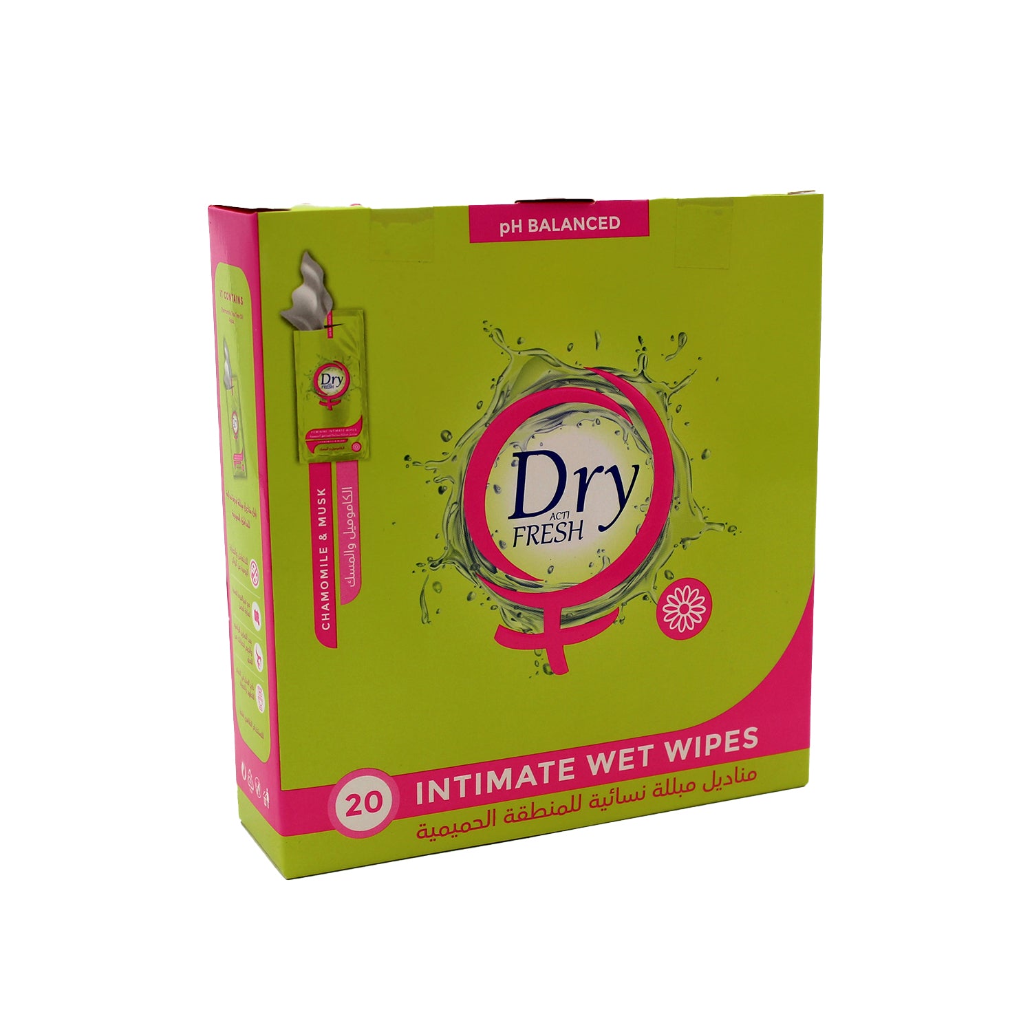 مناديل مبللة جافة متوازنة الحموضة للمناطق الحساسة، مع خلاصة البابونج والمسك - خالية من البارابين والكحول والكبريتات