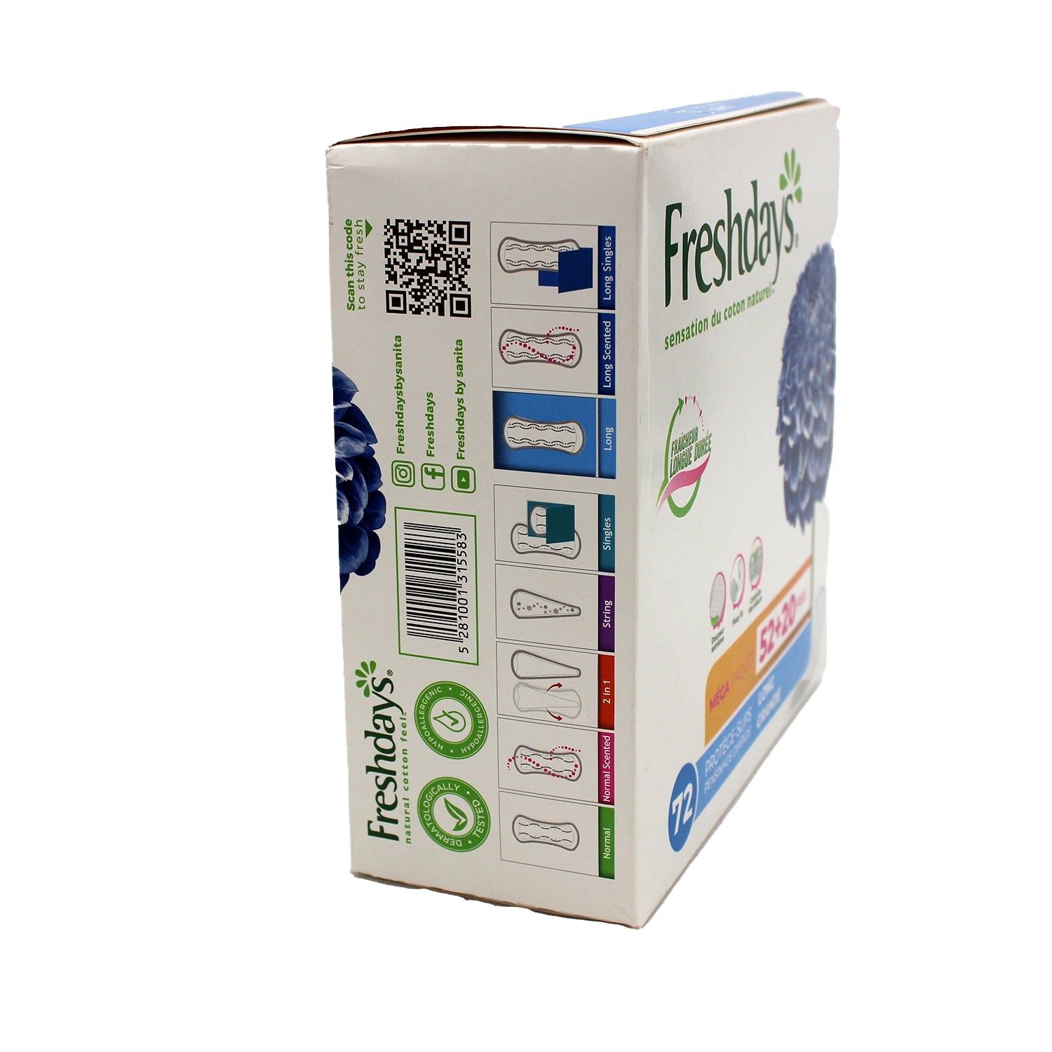 Freshdays Daily Comfort Long Pantyliners (52+20 Free) (Mega Pack)