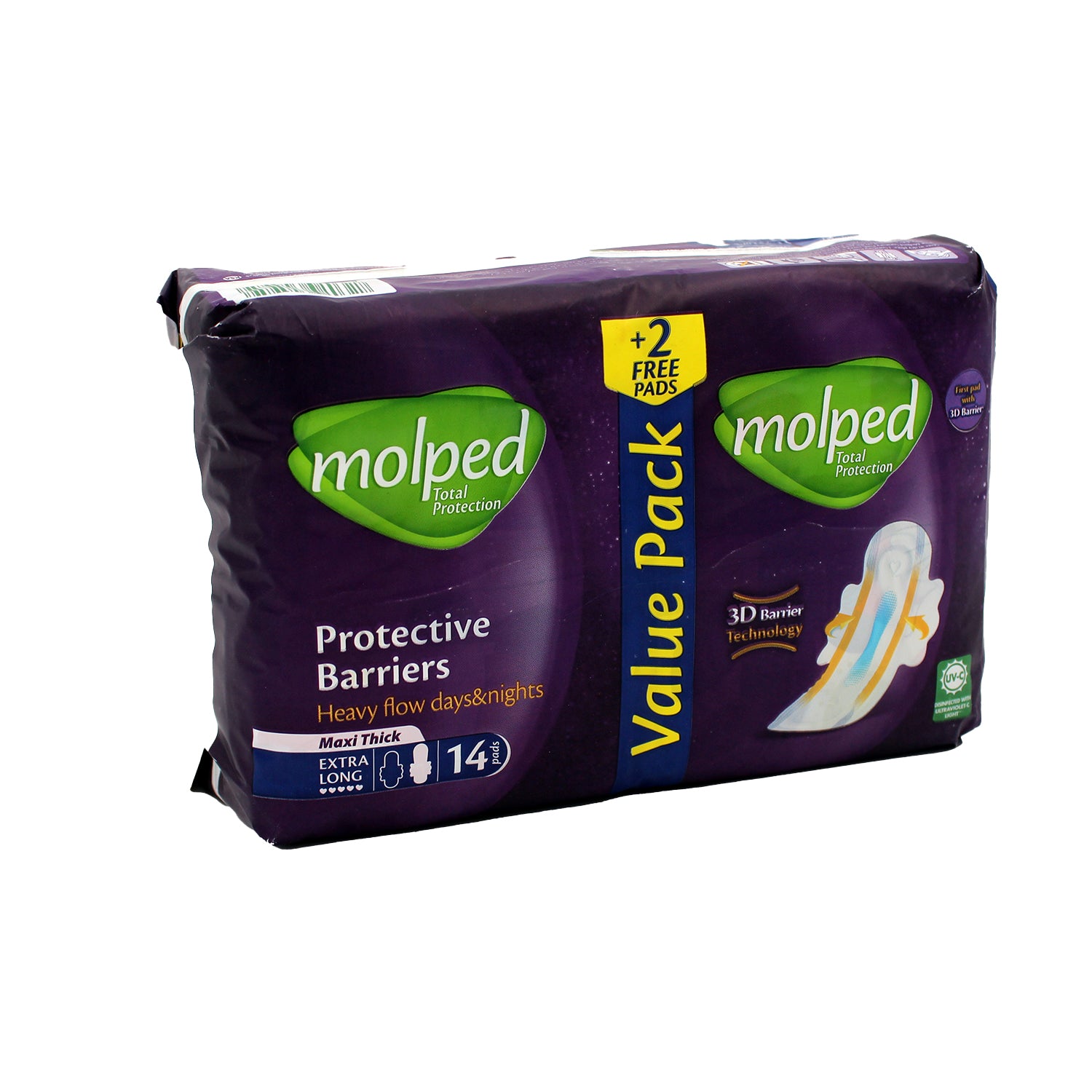 Molped Total Protection Day & Night Heavy Flow Maxi Thick Extra Long Pads with 3D Protective Barriers & Wings (12+2 Free)