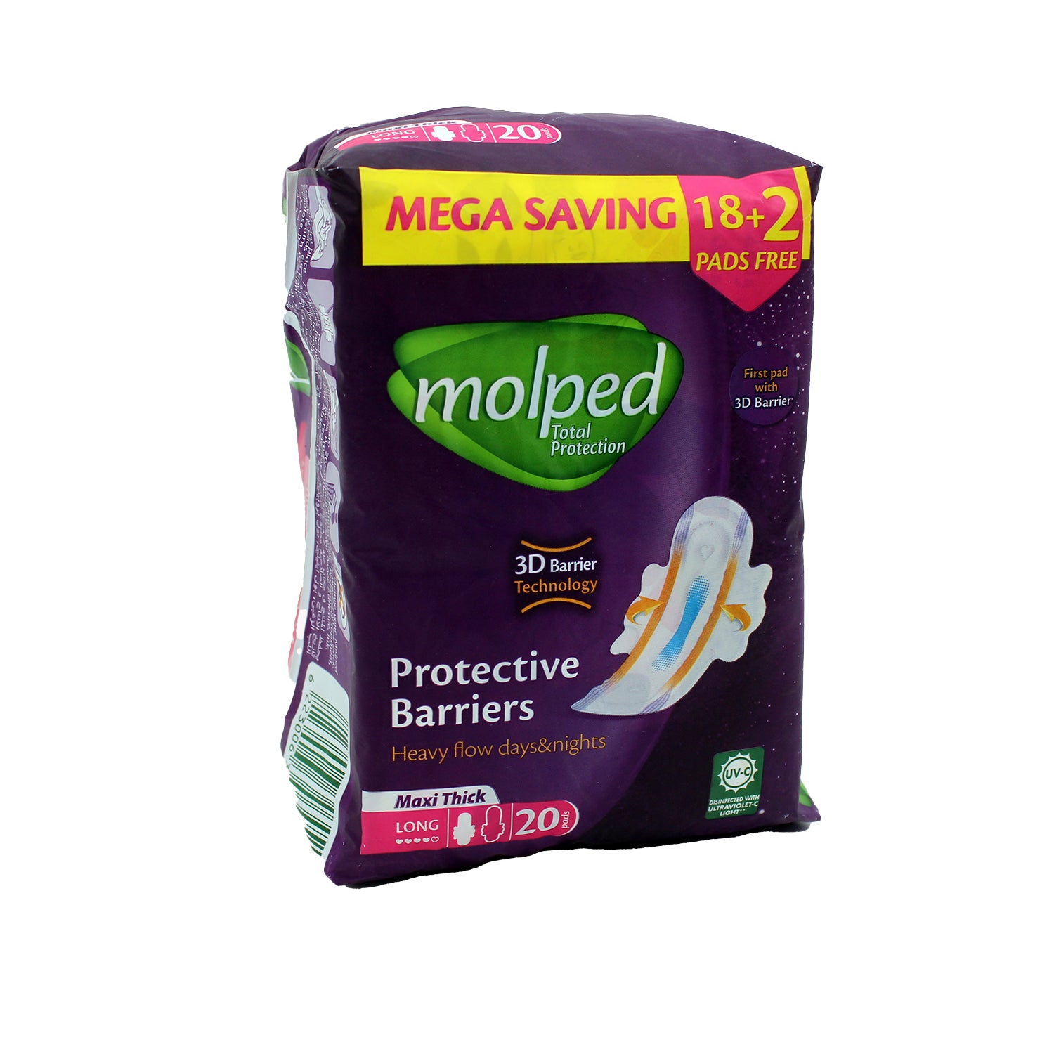 Molped Total Protection Day & Night Heavy Flow Maxi Thick Long Pads with 3D Protective Barriers & Wings (18+2 Free)