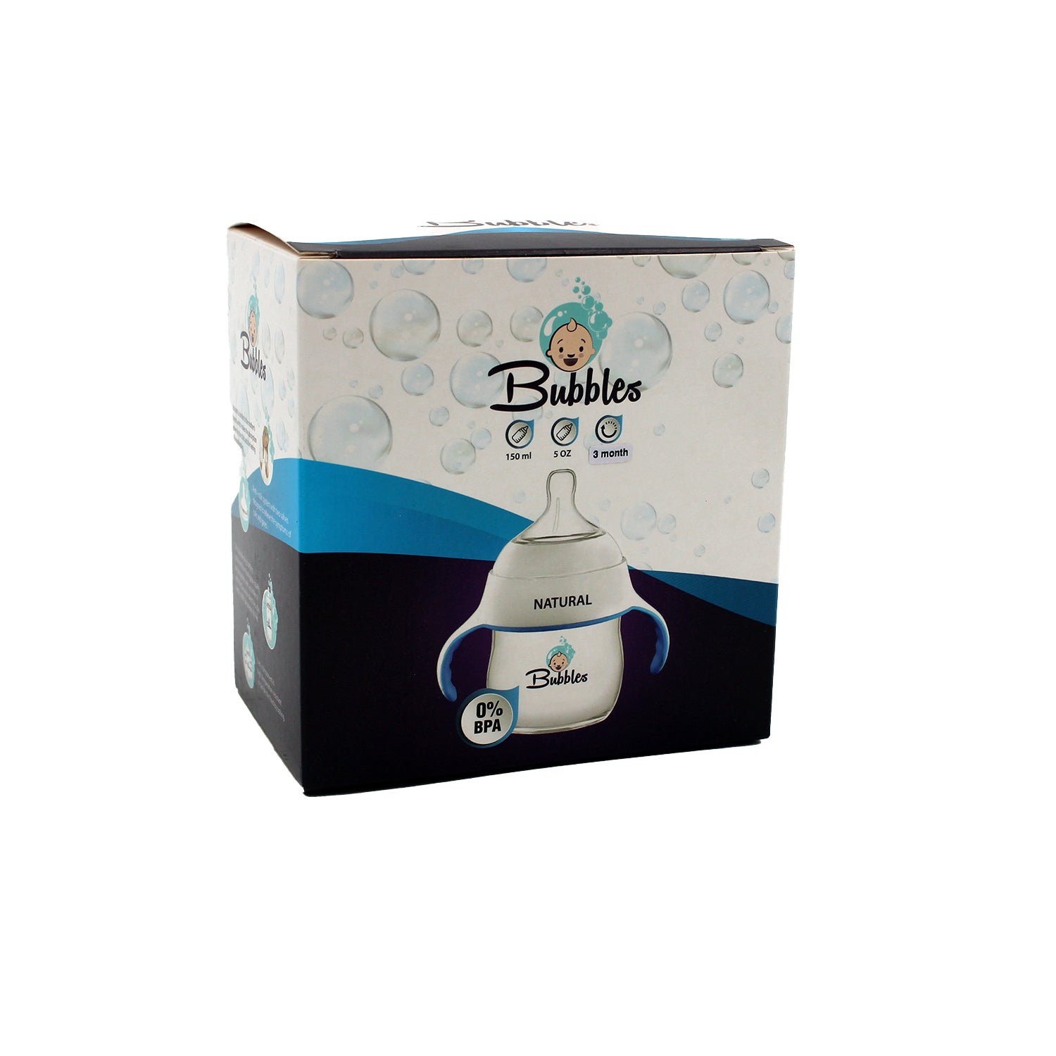 Bubbles Natural Blue & White 150ml Anti-Colic Polypropylene Feeding Bottle with Handle (3+ Months) - BPA free
