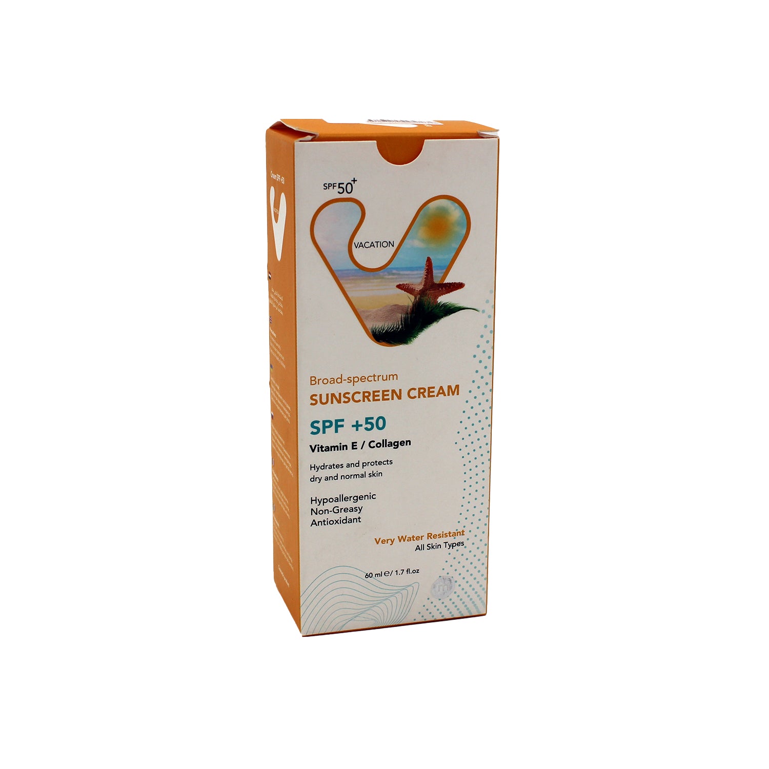 واقي شمس للوجه والجسم مضاد للحساسية، مقاوم للماء، غير دهني، مضاد للأكسدة ومضاد للشيخوخة، غني بفيتامين E والكولاجين، مناسب للبشرة الجافة والعادية، بعامل حماية من الشمس SPF50+