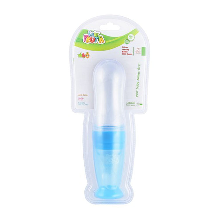 La Frutta Blue 90ml Anti-Colic Silicone Baby Food Feeder with Spoon (4+ Months) - BPA free