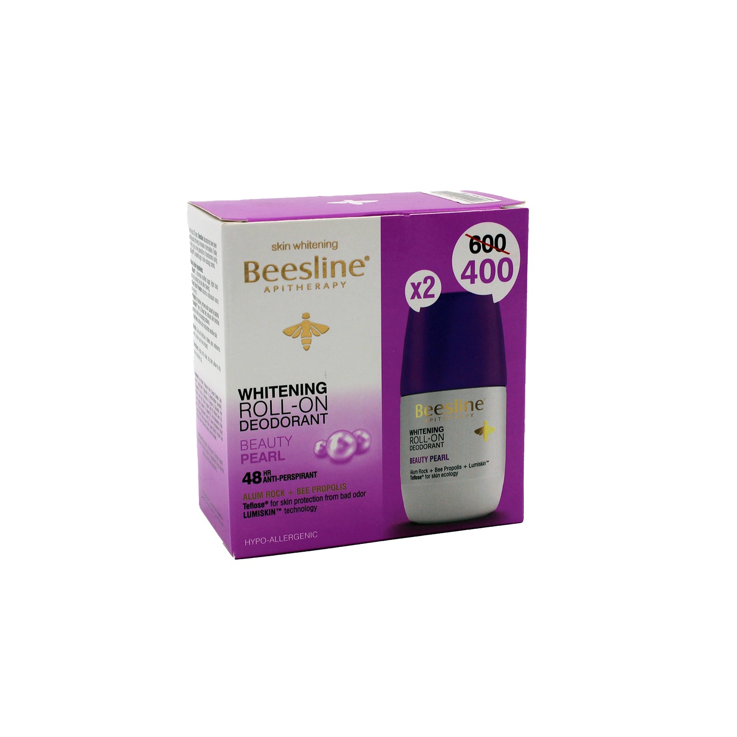 Beesline Apitherapy Beauty Pearl 48H Antiperspirant Whitening Roll-On Deodorant with Alum Rock & Bee Propolis for Sensitive Skin (1+1 Free) - parabens free, aluminum chloride free, harsh ingredients free