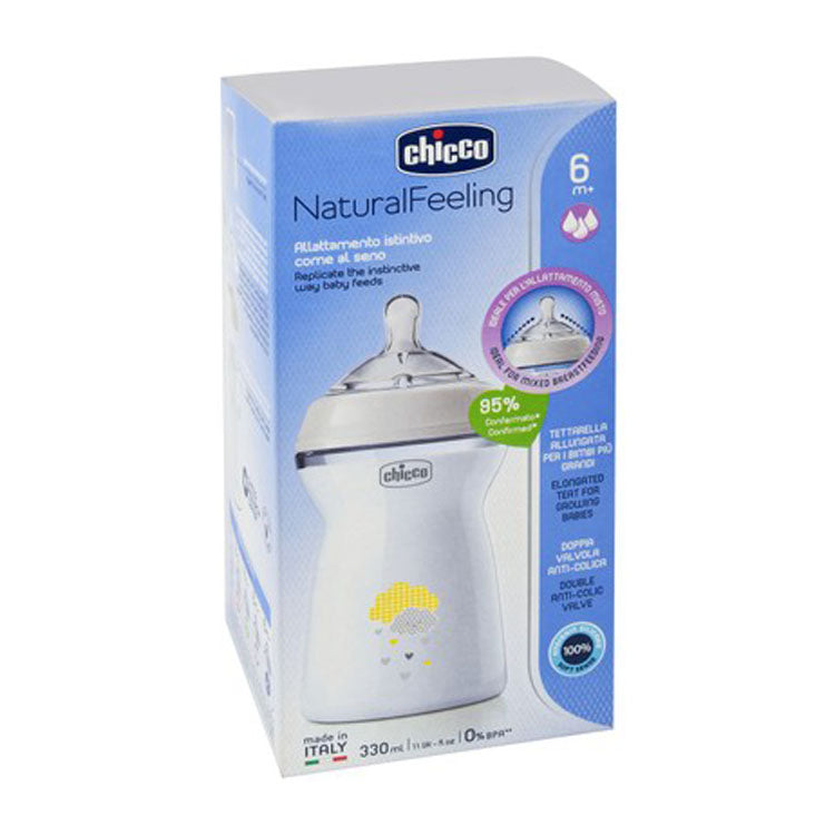 Chicco Natural Feeling White Fast Flow 330ml Feeding Bottle (6+ Months) - BPA free