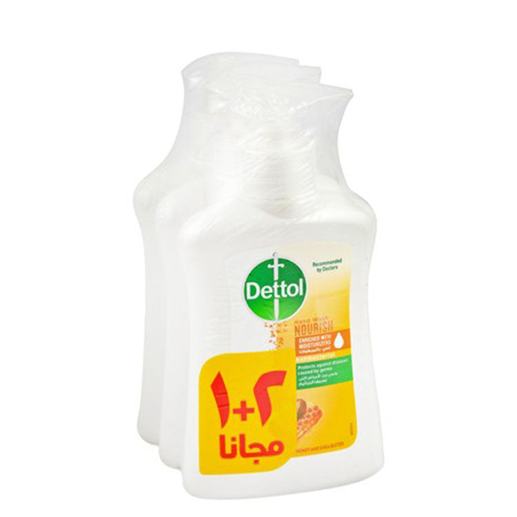 Dettol Antibacterial Nourishing Hand Wash Liquid with Moisturizers, Honey & Shea Butter (2+1 Free) - TCC free, triclosan free