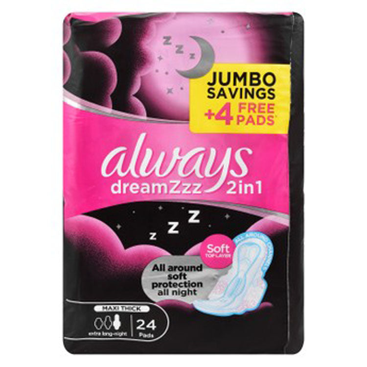Always DreamZzz 2in1 Maxi Thick Extra Long Night Pads with Wings (20+4 Free)