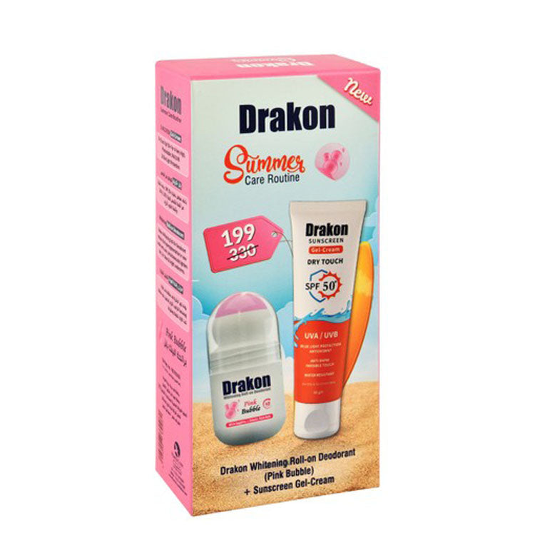 Drakon Summer Care Routine 48H Whitening Roll-On Deodorant Pink Bubble Scent (50ml) & Dry Touch Water-Resistant Sunscreen Gel with Antioxidants for Oily & Combination Skin SPF50+ (60g)