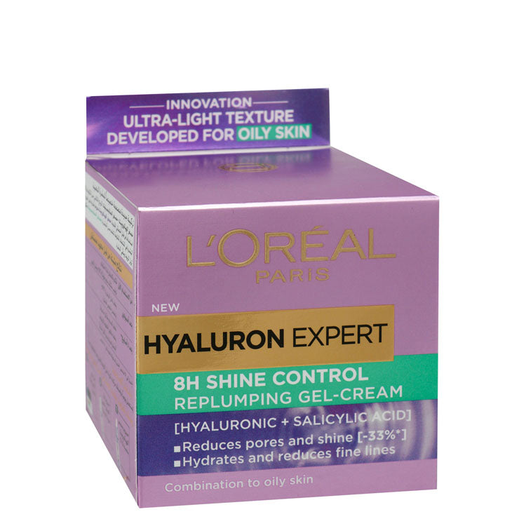 L'Oreal Hyaluron Expert 8H Shine Control Replumping Facial Gel Cream with Hyaluronic & Salicylic Acids for Combination to Oily Skin