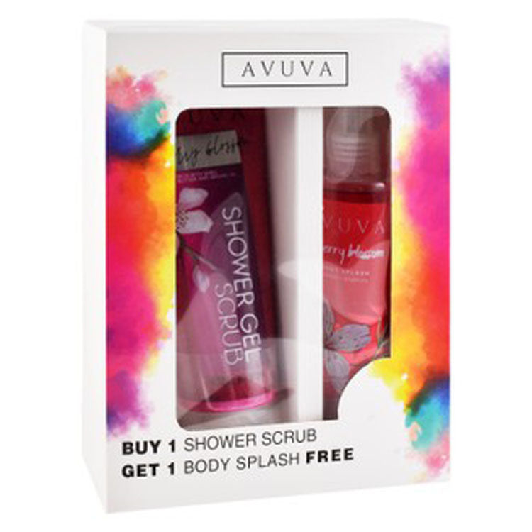 Avuva Shower Gel Scrub Cherry Blossom Scent with Shea Butter & Argan Oil (185g) with Free Cherry Blossom Body Splash (253ml)