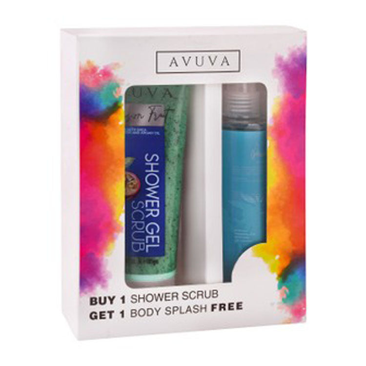 Avuva Shower Gel Scrub Passion Fruit Scent with Shea Butter & Argan Oil (185g) with Free Passion Fruit Body Splash (253ml) - cruelty free 1 bundle