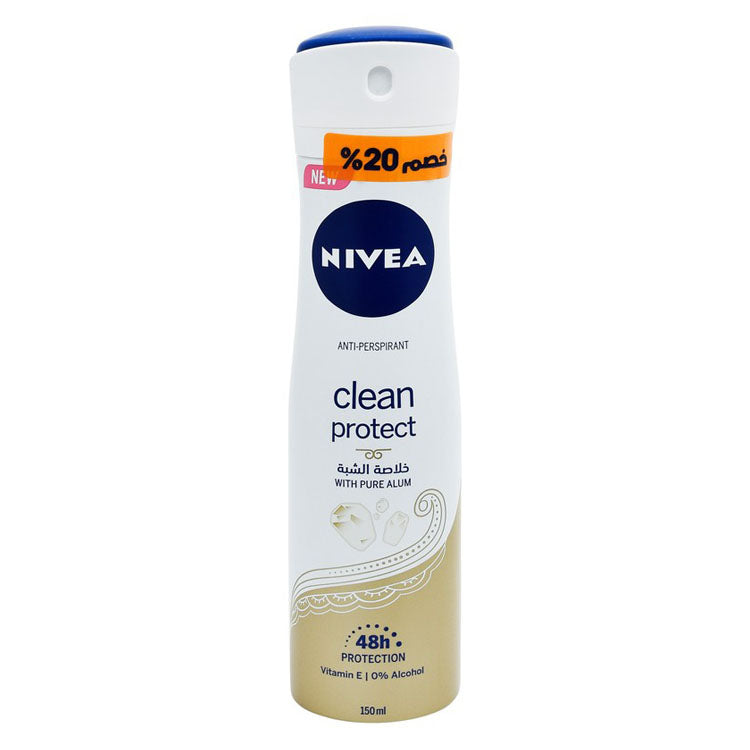 NIVEA Clean Protect 48H Antiperspirant Deodorant Spray with Pure Alum & Vitamin E for Women (20% Off) - alcohol free