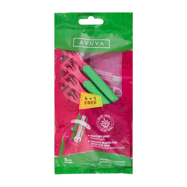 Avuva Green & Pink 3 Blade Disposable Razors with Aloe Vera Extract for Sensitive Skin (4+1 Free)