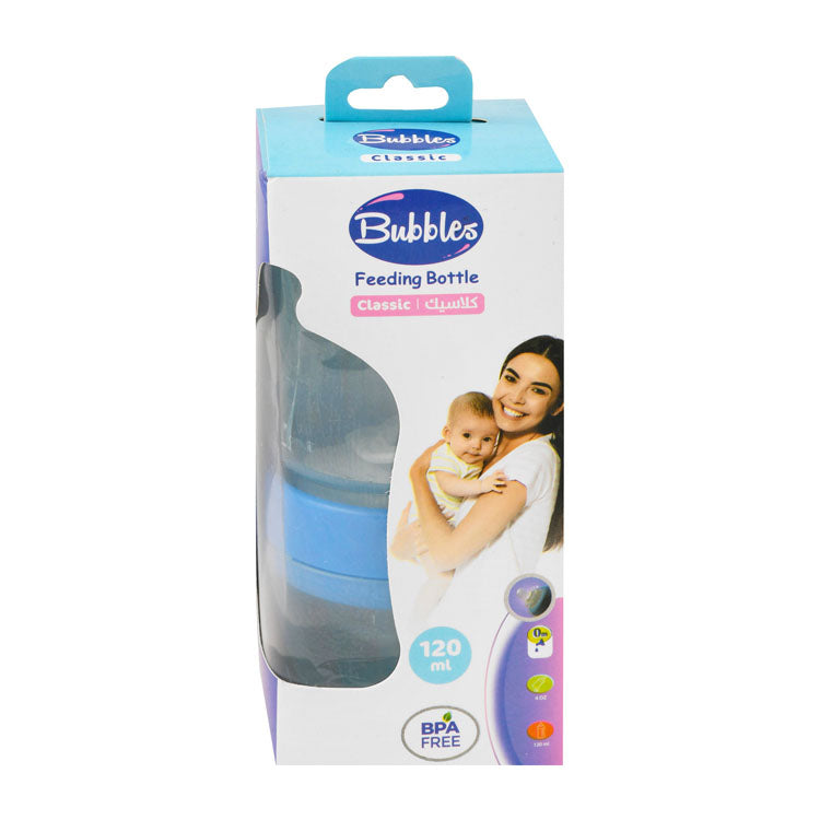 Bubbles Classic Blue 120ml Anti-Colic Wide Neck Feeding Bottle (0+ Months) - BPA free