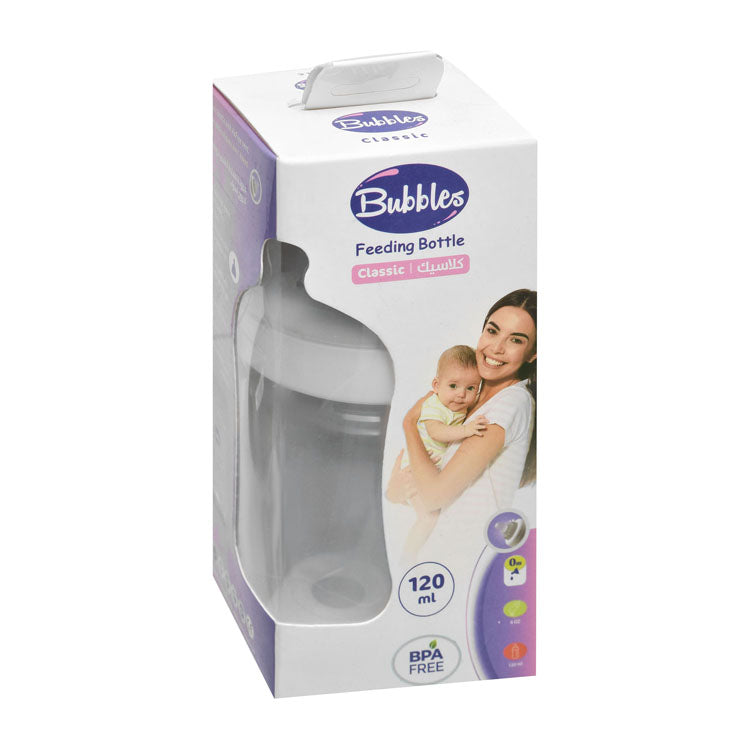 Bubbles Classic White 120ml Anti-Colic Wide Neck Feeding Bottle (0+ Months) - BPA free