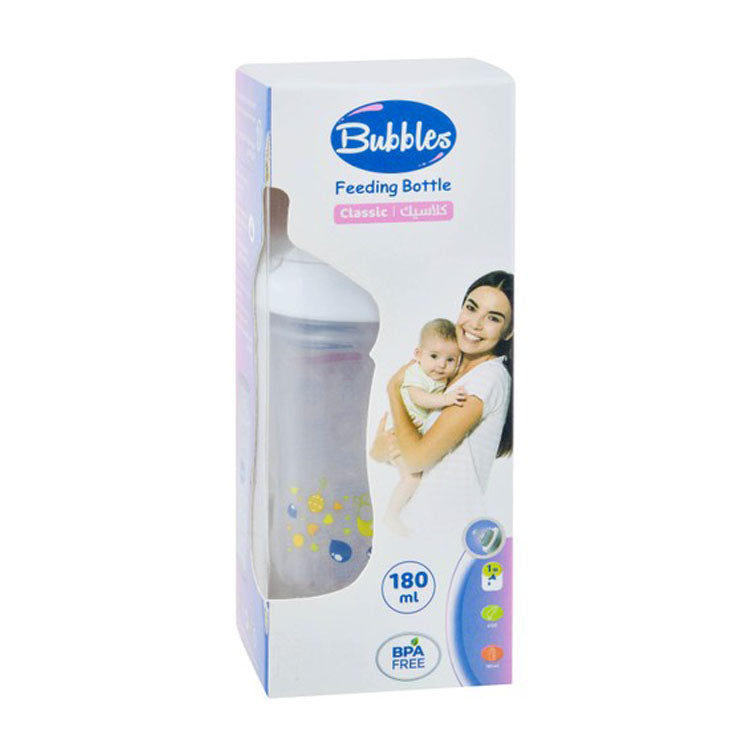 Bubbles Classic White 180ml Anti-Colic Feeding Bottle (1+ Months) - BPA free