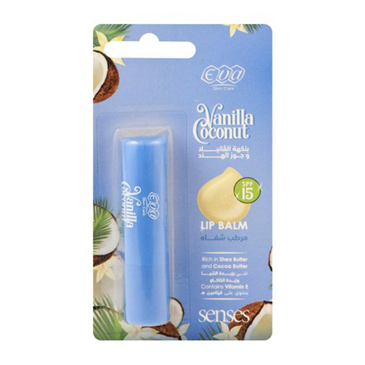 Eva Skin Care Senses Lip Balm Vanilla Coconut Flavor with Vitamin E, Shea & Cocoa Butter for Dry & Cracked Lips SPF15