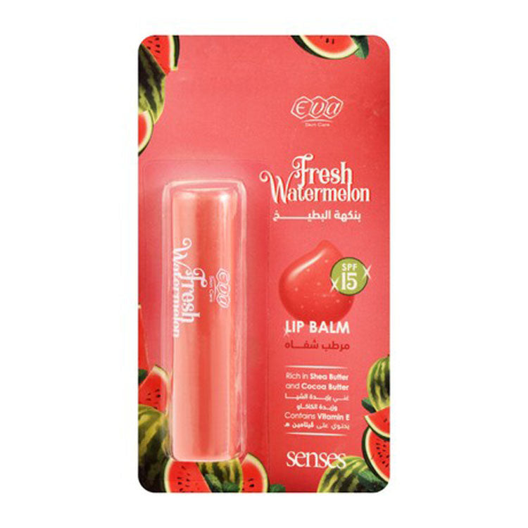 Eva Skin Care Senses Lip Balm Fresh Watermelon Flavor with Shea, Cocoa Butter & Vitamin E for Dry & Cracked Lips SPF15