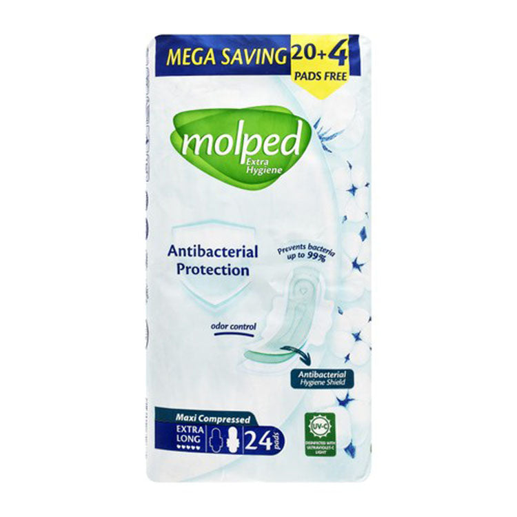 Molped Antibacterial Maxi Compressed Extra Long Pads with Wings (20+4 Free) - parabens free, chlorine free