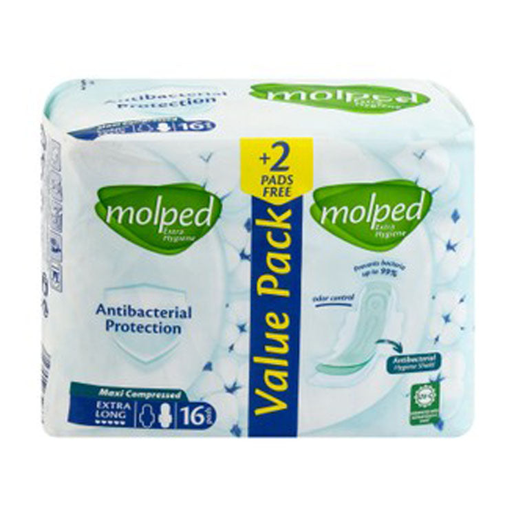 Molped Antibacterial Maxi Compressed Extra Long Pads with Wings (14+2 Free) - parabens free, chlorine free