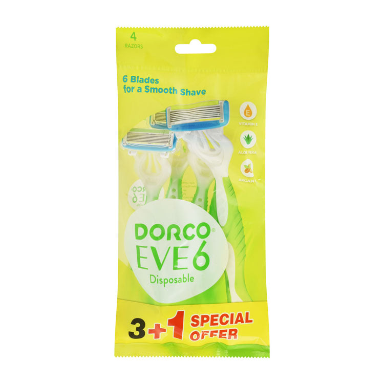 شفرات حلاقة دوركو إيف التي تستخدم لمرة واحدة خضراء وبيضاء 6 شفرات مع فيتامين هـ وخلاصة الصبار وزيت الأرغان (3+1 مجانًا)