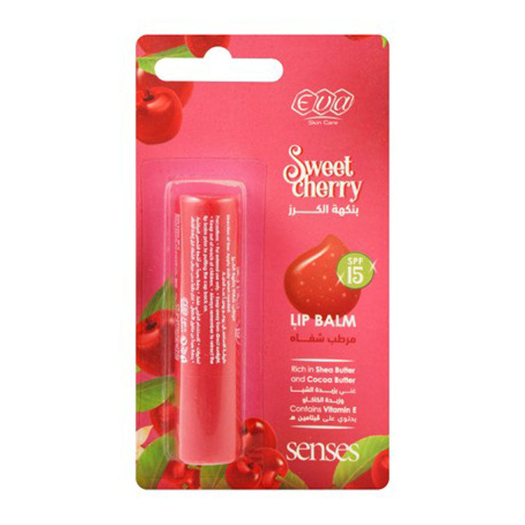 Eva Skin Care Senses Lip Balm Sweet Cherry Flavor with Vitamin E, Shea & Cocoa Butter for Dry & Cracked Lips SPF15