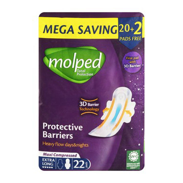 Molped Day & Night Heavy Flow Maxi Thick Extra Long Pads with 3D Protective Barriers & Wings (20+2 Free)