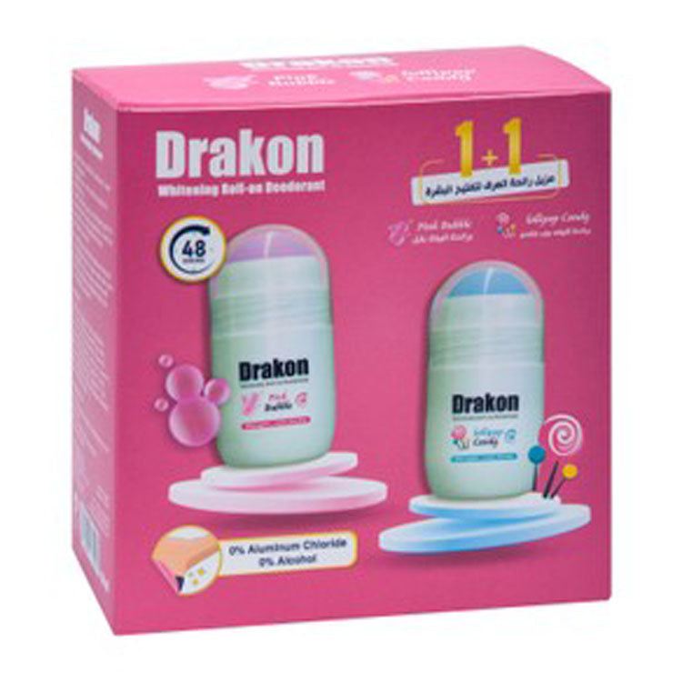 Drakon Whitening 48H Roll-On Deodorant Pink Bubble Scent for Women (50ml) & Drakon 48H Whitening Roll-On Deodorant Lollipop Candy Scent (50ml) - alcohol free, aluminum chloride