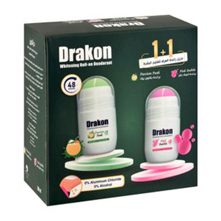 Drakon Whitening 48H Roll-On Deodorants Pink Bubble Scent (50ml) & Passion Peak Scent (50ml) for Women (1+1 Free) - alcohol free, aluminum chloride free