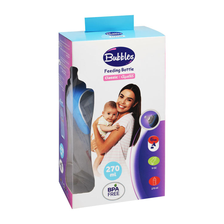 زجاجة رضاعة كلاسيك زرقاء سعة 270 مل من بابلز، مضادة للمغص مع مقبض (6 شهور فما فوق) - خالية من مادة BPA