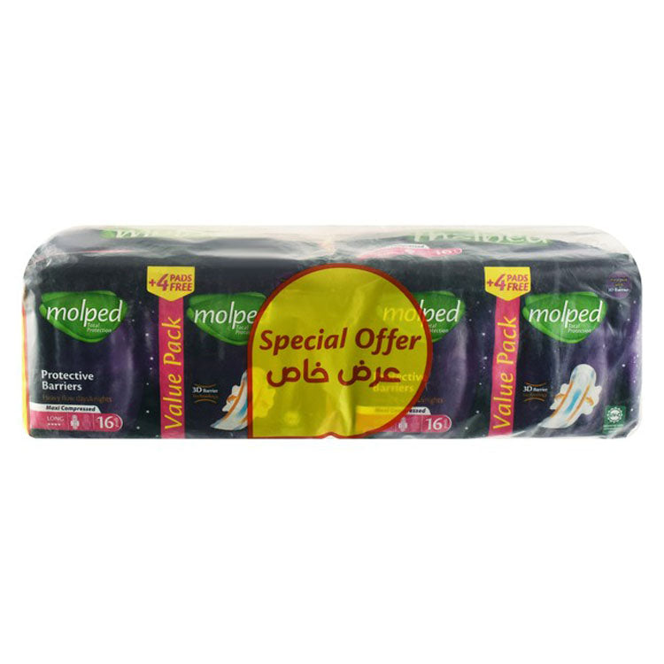 Molped Total Protection Day & Night Heavy Flow Maxi Thick Long Pads with 3D Protective Barriers & Wings (16+4 Free)