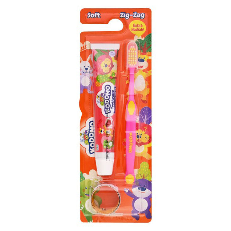 Kodomo Zig-Zag Pink Soft Toothbrush with Toothpaste for Kids