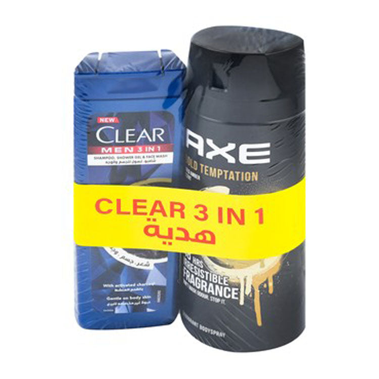 Axe Gold Temptation 48H Deodorant Spray Gold Amber Scent (150ml) & Clear Men 3in1 Shampoo, Shower Gel & Face Wash with Activated Charcoal (90ml)