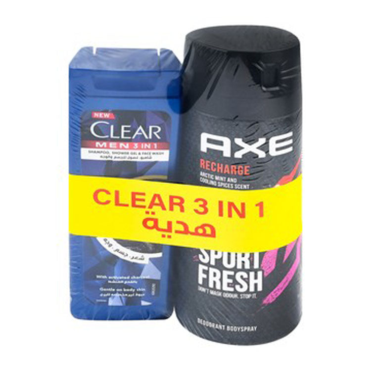 بخاخ مزيل العرق Axe Recharge Sport Fresh برائحة النعناع القطبي والتوابل المنعشة للرجال (150 مل) وغسول الوجه والشامبو Clear Men 3 في 1 بالفحم النشط (90 مل)