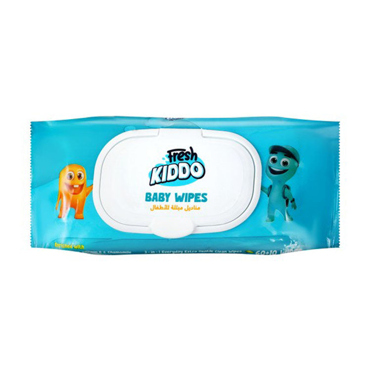 Fresh Kiddo 3in1 Soothing, Calming & Hydrating Baby Wet Wipes Vanilla Scent with Aloe Vera, Chamomile & Vitamin E (60+10 Free)