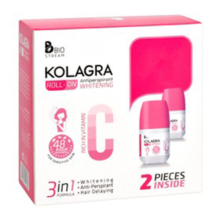 Kolagra 3in1 Whitening, Hair Delaying & 48H Antiperspirant Roll-On Deodorants with Vitamin C for Sensitive Skin - alcohol free, aluminum salt free, parabens free