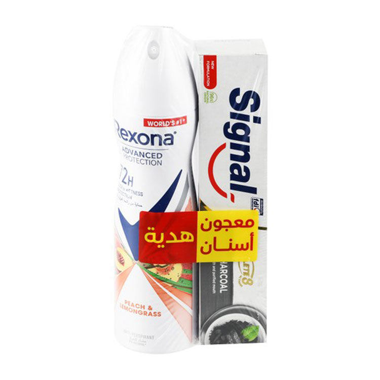 Rexona Advanced Protection 72H Antiperspirant Deodorant Spray Peach & Lemongrass Scent (150ml) with Free Signal Complete 8 Whitening & Detoxifying Toothpaste with Charcoal (50ml) - alcohol free