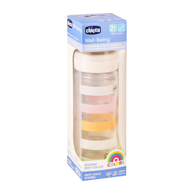 Chicco Well Being Multicolored 250ml Anti-Colic Medium Flow Feeding Bottle (2+ Months) - BPA free
