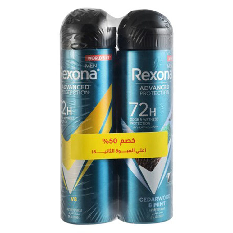 Rexona Men Advanced Protection 72H Anti-Stain & Antiperspirant Deodorant Spray Cedarwood & Mint Scent (150ml) & V8 72H Antiperspirant Deodorant Spray (150ml) (50% Off on the 2nd Product) - alcohol free
