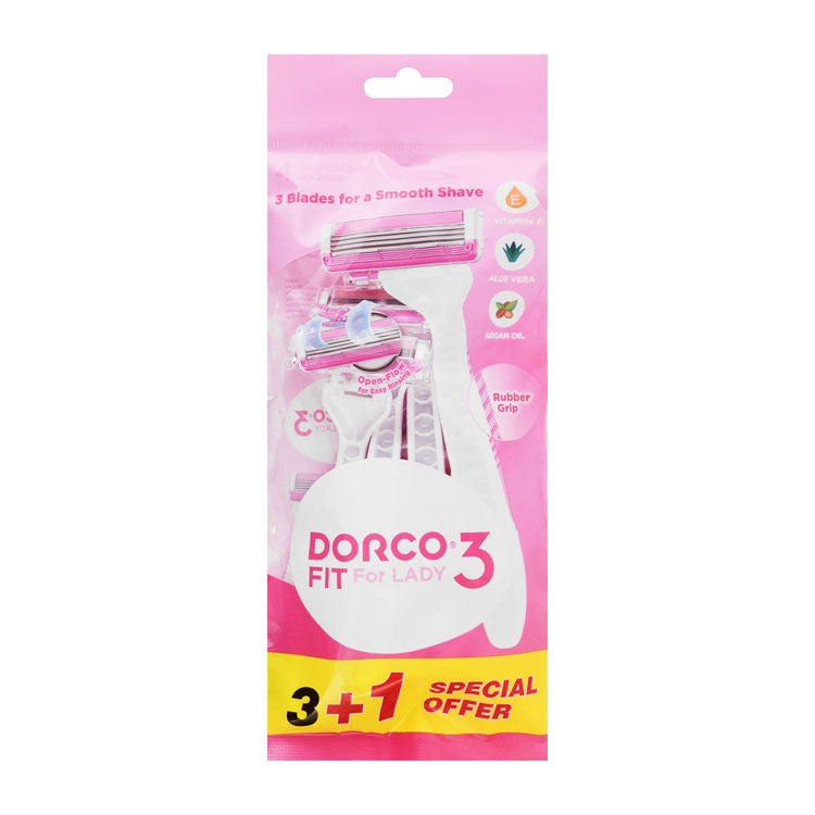 شفرات حلاقة دوركو فيت 3 بيضاء وزهرية للاستعمال مرة واحدة مع فيتامين هـ وزيت الأرغان وخلاصة الألوفيرا (3+1 مجانًا)