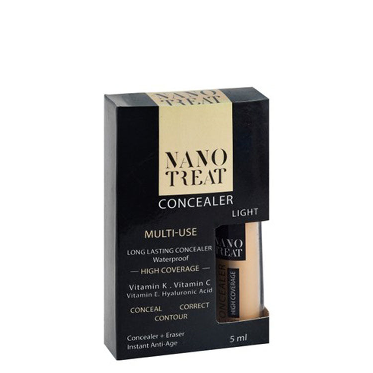 Nano Treat Waterproof High Coverage Anti-Aging Concealer with Vitamins & Hyaluronic Acid for All Skin Types Light - parabens free, animal testing free, silicone free