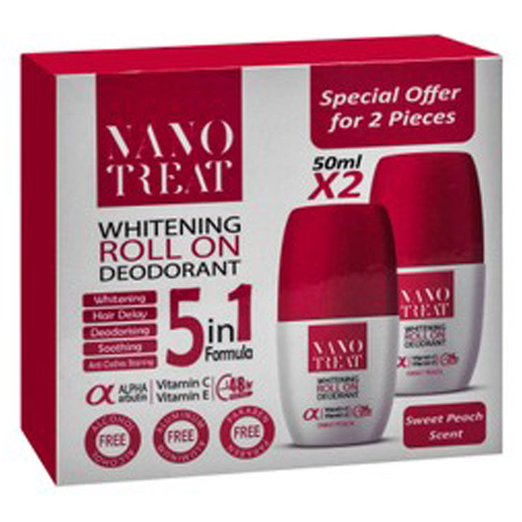 Nano Treat 5in1 48H Whitening & Soothing Roll-On Deodorants Sweet Peach Scent with Alpha Arbutin, Vitamin C & E (Special Offer) - alcohol free, aluminum free, parabens free
