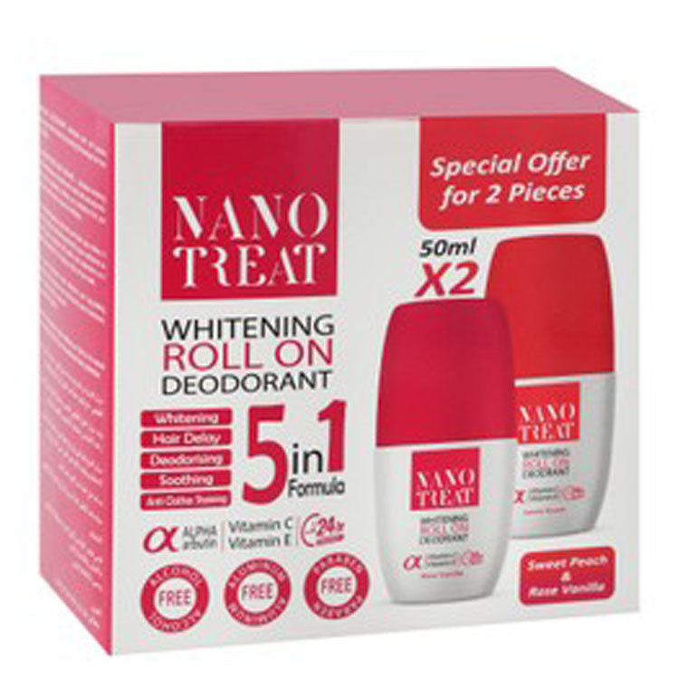 Nano Treat 5in1 24H Whitening, Hair Delaying & Soothing Roll-On Deodorants Rose Vanilla Scent (50ml) & Sweet Peach Scent with Alpha Arbutin, Vitamin C & E (50ml) (Special Offer) - alcohol free, aluminum free, parabens free