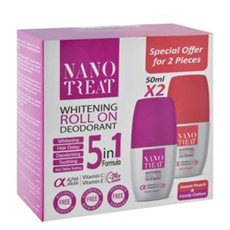 Nano Treat 5in1 48H Whitening & Soothing Roll-On Deodorants Sweet Peach Scent (50ml) & Cotton Candy Scent (50ml) with Alpha Arbutin, Vitamins C & E (Special Offer) - alcohol free, aluminum free, parabens free