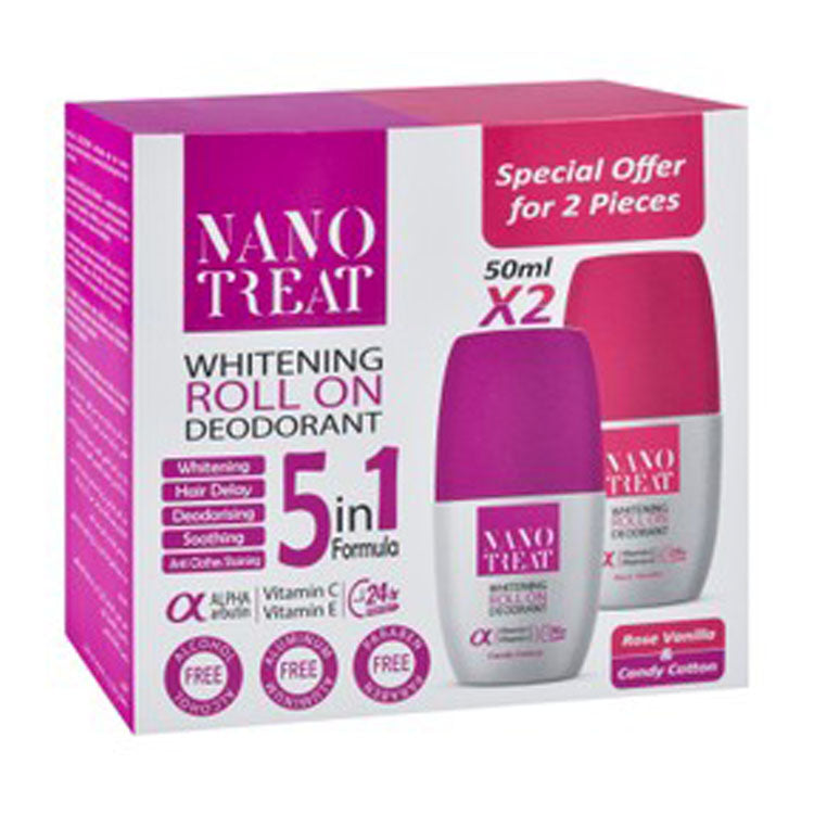 Nano Treat 5in1 24H Whitening Roll-On Deodorants with Alpha Arbutin, Vitamin C & E Rose Vanilla Scent (50ml) & Candy Cotton Scent (50ml) (Special Offer) - alcohol free, aluminum free, parabens free