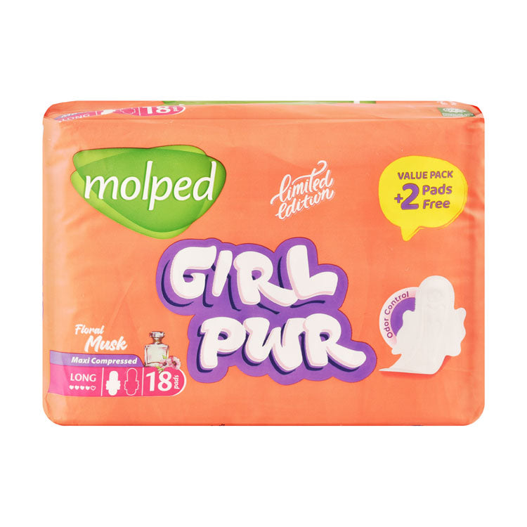 Molped Antibacterial Maxi Thick Long Pads Floral Musk Scent with Wings (16+2 Free) - parabens free, chlorine free