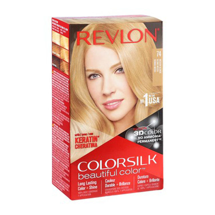 مجموعة صبغة الشعر الدائمة ريفلون ثري دي كولور سيلك مع الكيراتين، لون أشقر متوسط ​​74 - خالية من الأمونيا